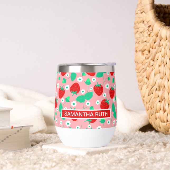 Personalized Strawberry and Daisy Flowers Cute Thermal Wine Tumbler (Living Room)