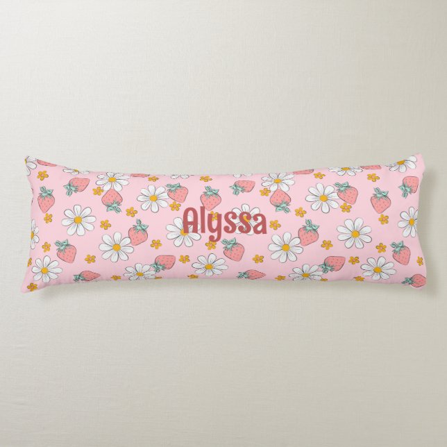 Personalized Strawberry and Daisy Patterned comfy Body Pillow (Front)