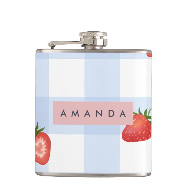 Personalized Strawberry & Blue Gingham Pattern Flask (Front)