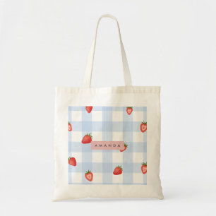 Personalized Strawberry & Blue Gingham Pattern Tote Bag
