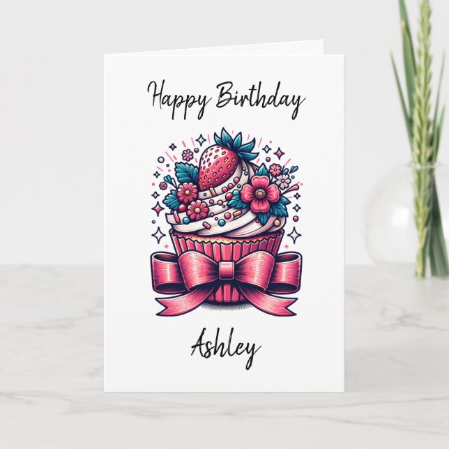 Personalized Strawberry Cupcake | Happy Birthday Card (Front)