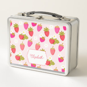 Personalized Strawberry Cute Pink Cottagecore Metal Lunch Box