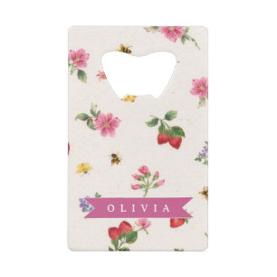 Personalized Strawberry Garden Bee Cottagecore Credit Card Bottle Opener