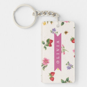 Personalized Strawberry Garden Bee Cottagecore Keychain