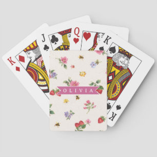 Personalized Strawberry Garden Bee Cottagecore Poker Cards