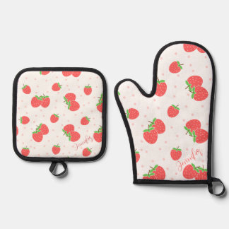 Personalized Strawberry Oven Mitt Cute Custom Kitc & Pot Holder Set