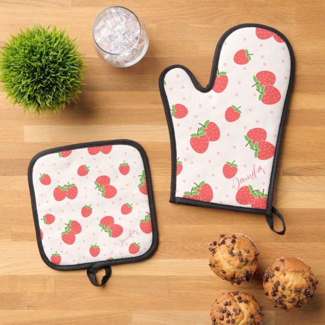 Personalized Strawberry Oven Mitt Cute Custom Kitc & Pot Holder Set (Top Down)