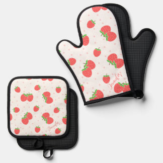 Personalized Strawberry Oven Mitt Cute Custom Kitc & Pot Holder Set