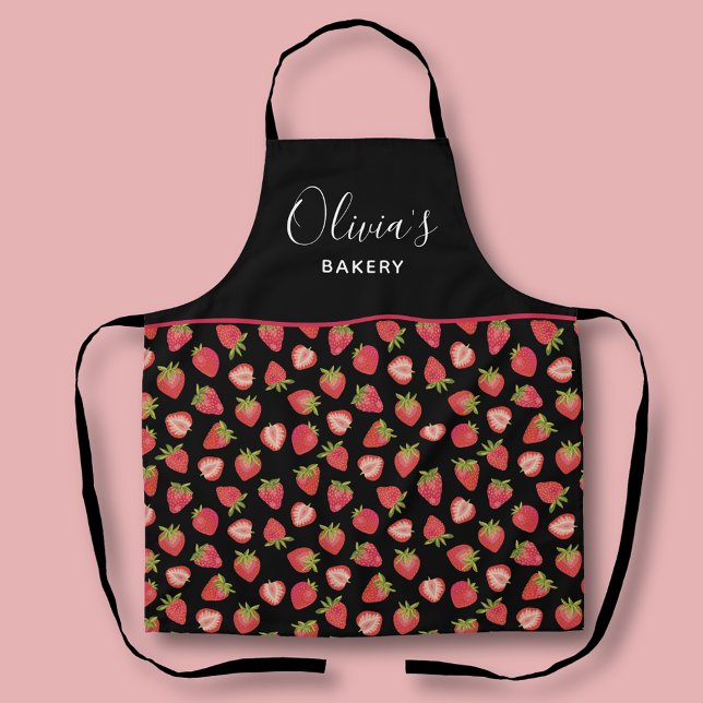 Personalized Strawberry Pattern Kitchen Bakery Apron (Personalized strawberry kitchen apron. Perfect for bakeries or homeware gifts.)