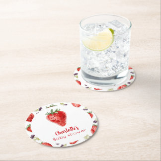 Personalized Strawberry Sweet Baby Shower Round Paper Coaster