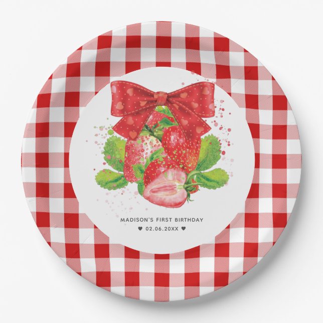 Personalized Strawberry Theme Birthday Cute Summer Paper Plates (Front)