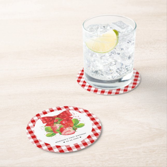 Personalized Strawberry Theme Birthday Summer Round Paper Coaster (Insitu)