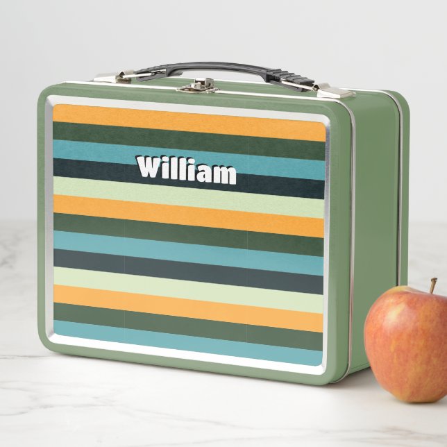 Personalized Stripe Pattern Monogram Blue Yellow Metal Lunch Box (In Situ)