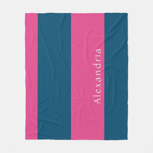 Personalized Stripe Pink Blue Fleece Blanket (Front)