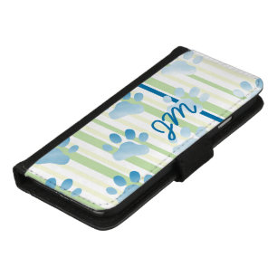 Personalized Striped Blue Paw Print Monogram iPhone 8/7 Wallet Case