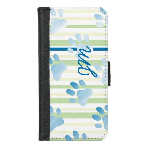 Personalized Striped Blue Paw Print Monogram iPhone 87 Wallet Case