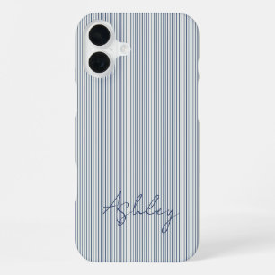Personalized Striped Blue Tones Minimalist Chic iPhone 16 Plus Case