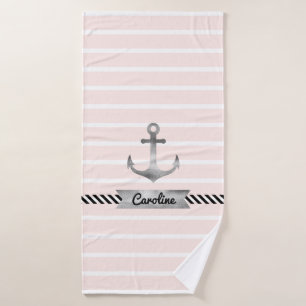 Personalized Striped Light Pink Watercolor Anchor Bath Towel Set