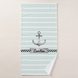 Personalized Striped Mint Green Watercolor Anchor Bath Towel Set
