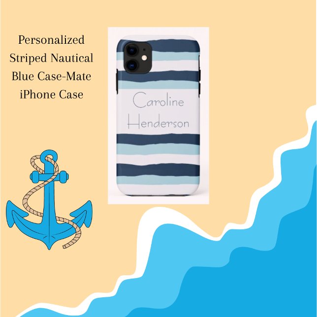 Personalized Striped Nautical Blue Case-Mate iPhone Case (Personalized Striped Nautical Blue Case-Mate iPhone Case)
