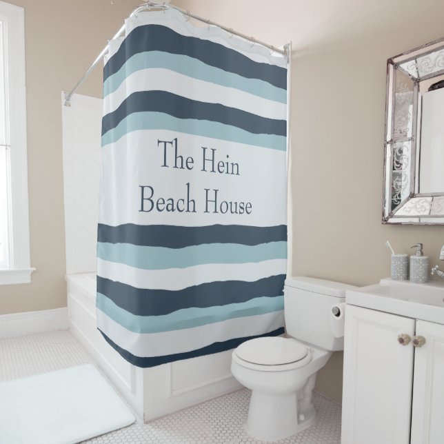 Personalized Striped Nautical Blue Shower Curtain (In Situ)