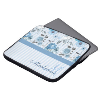Personalized Striped Pattern With Blue Flowers Laptop Sleeve