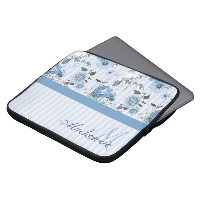 Personalized Striped Pattern With Blue Flowers Laptop Sleeve (Front Top)