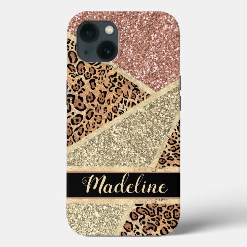 Personalized Striped Rose Gold Glitter Leopard iPhone 13 Case