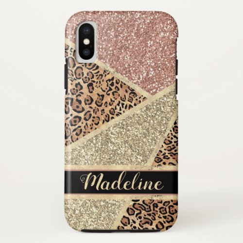 Personalized Striped Rose Gold Glitter Leopard iPhone XS Case