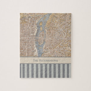 Personalized Striped Vintage Antique Map of Paris Jigsaw Puzzle