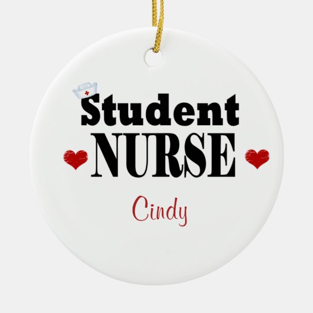 Personalized Student Nurse Hat and Hearts Ceramic Ornament (Front)