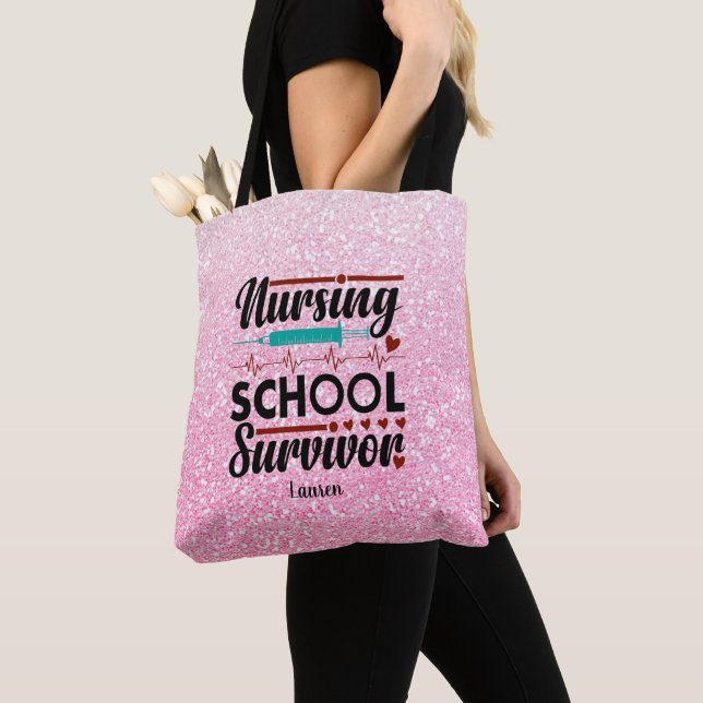  Personalized Student Nurse Survivor Pink Glitter Tote Bag (Close Up)
