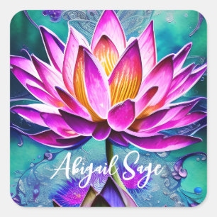 Personalized Stunning Pink Lotus Flower Portrait Square Sticker