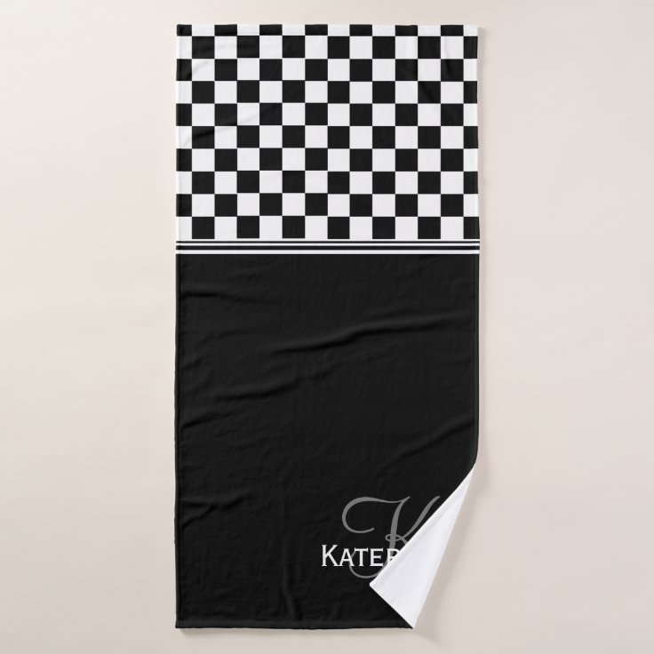Personalized stylish black and white check bath towel set Zazzle