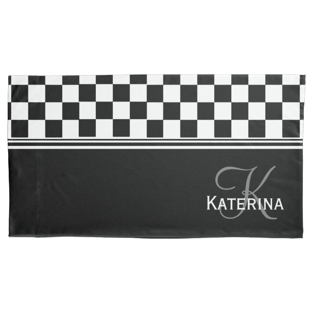 Personalized stylish black and white check pillow case (Front)