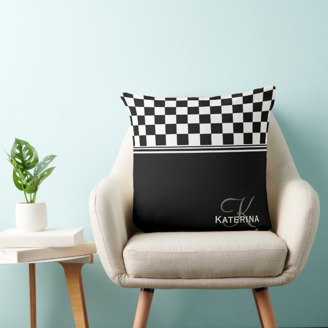 Personalized stylish black and white check throw pillow (Chair)