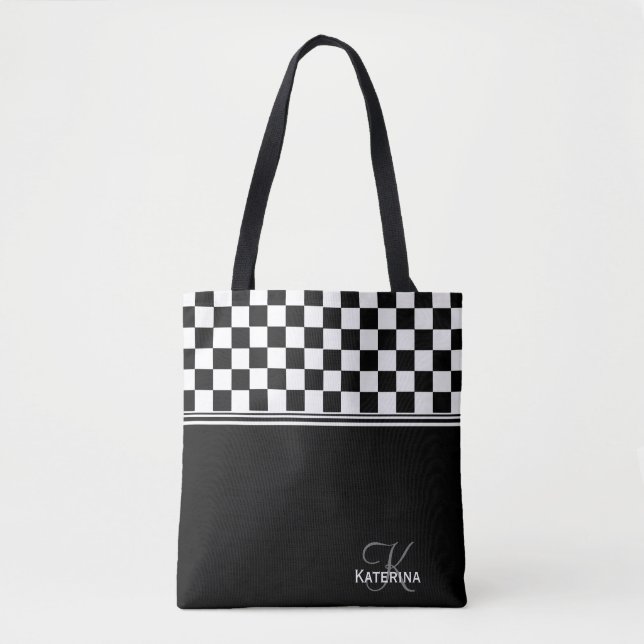 Personalized stylish black and white check tote bag (Front)