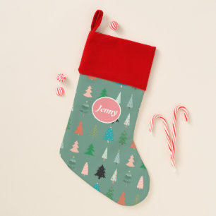 Personalized Stylish green pattern trees pink red Christmas Stocking