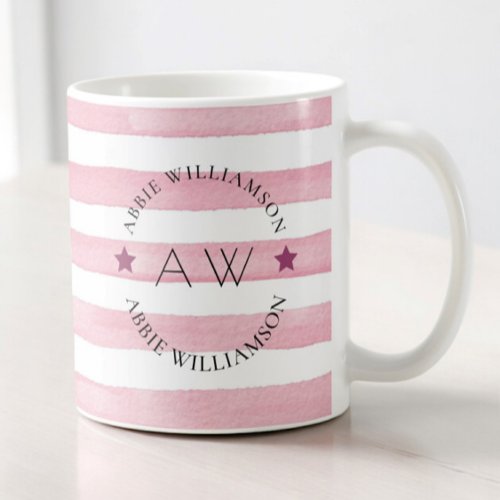 personalized stylish monogram pink stripes coffee mug