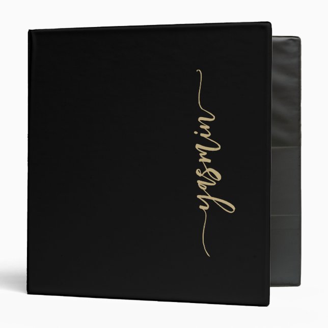Personalized Stylish Signature Black Gold 3 Ring Binder (Front/Inside)