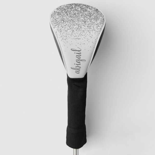 Personalized Stylish Silver Glitter Monogram Name Golf Head Cover (Front)