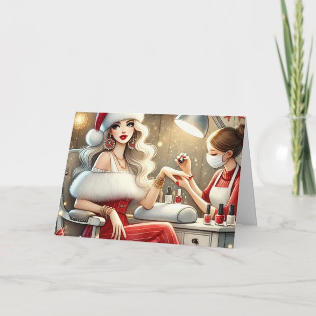 Personalized Stylish Woman Getting Manicure Xmas  Holiday Card (Front)