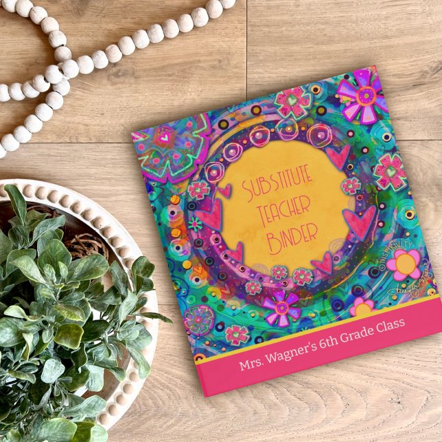 Personalized Substitute Teacher Pink Stripe Floral 3 Ring Binder (Creator Uploaded)