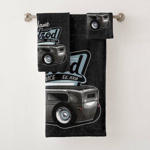 Personalized Suede Hot Rod Sedan Speed Shop Garage Bath Towel Set