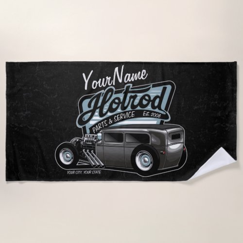 Personalized Suede Hot Rod Sedan Speed Shop Garage Beach Towel