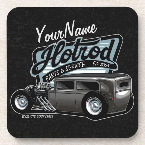 Personalized Suede Hot Rod Sedan Speed Shop Garage Beverage Coaster