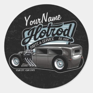 Personalized Suede Hot Rod Sedan Speed Shop Garage Classic Round Sticker