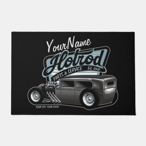 Personalized Suede Hot Rod Sedan Speed Shop Garage Doormat