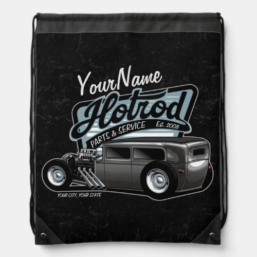 Personalized Suede Hot Rod Sedan Speed Shop Garage Drawstring Bag