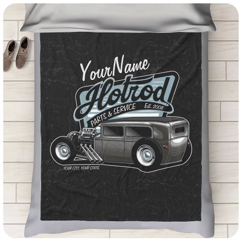 Personalized Suede Hot Rod Sedan Speed Shop Garage Fleece Blanket